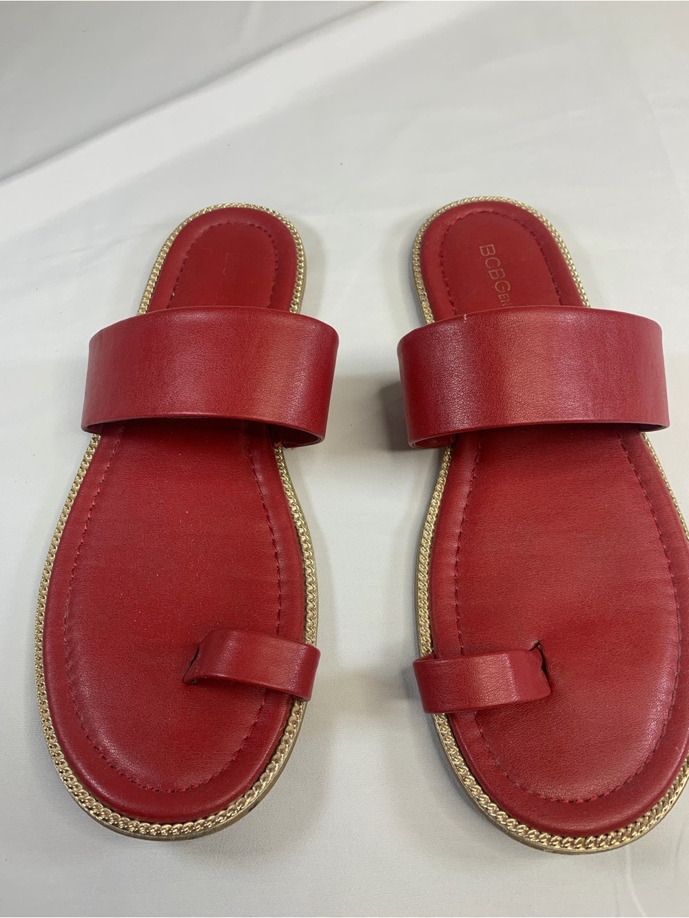 BCBG Red Leather Toe-Loop Slide Sandals with Gold Trim